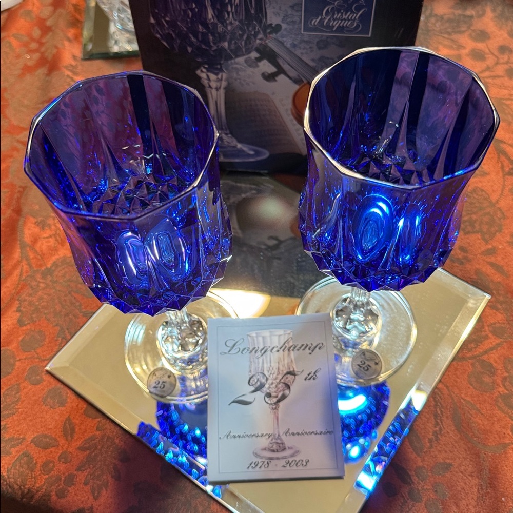Longchamp 24% Lead Crystal 25th Anniversary Blue Crystal Wine Glass Set - Picture 3 of 11